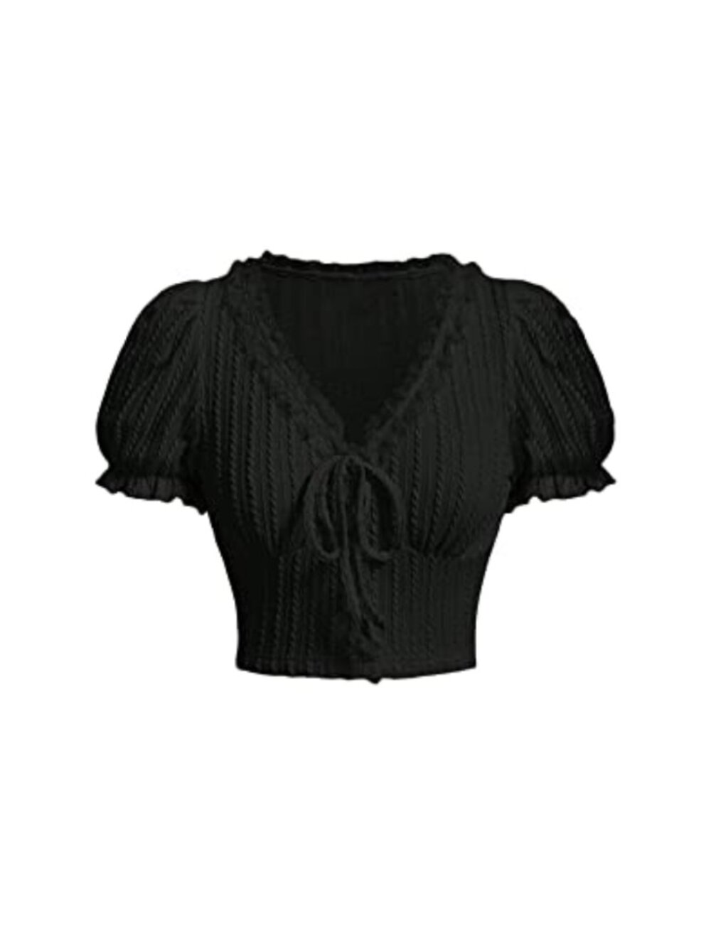 Women's Knot Front Lace Trim Puff Sleeve V Neck Crop Tee Top